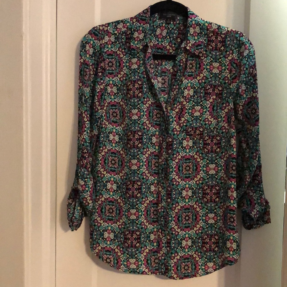 XS The Limited roll-tab button up in a colorful pattern